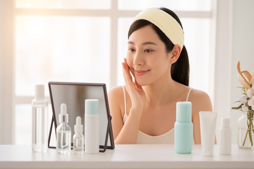 Wanita sedang melakukan basic skincare routine di depan cermin dengan produk toner, serum, dan moisturizer di meja.