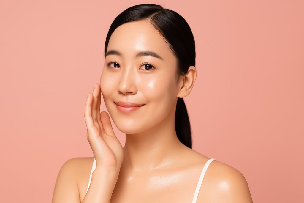 Close-up wanita Asia dengan kulit glowing dan glass skin hasil perawatan basic skincare routine.